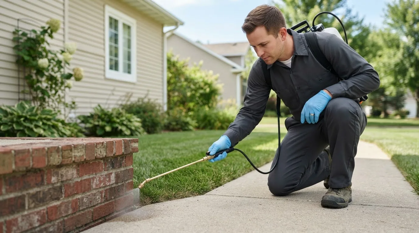 Pest control technician treating a home near Walterville, OR